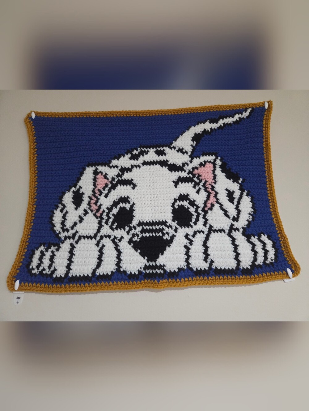 Handmade Crocheted Dalmatian Wall Hanging - White, Black & Blue
